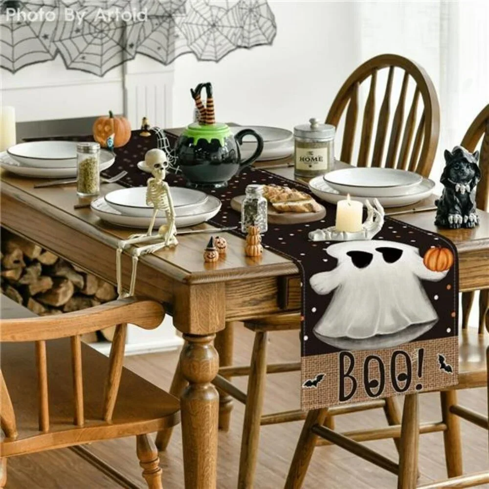 Halloween Table Runner 13x72 Black Boo Ghost Pumpkin Dots Fall Party Table Decor